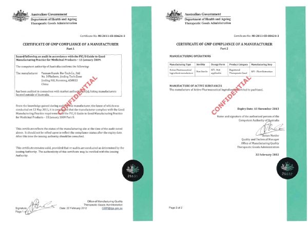 Yunnan Hande Austraalia TGA sertifikaat